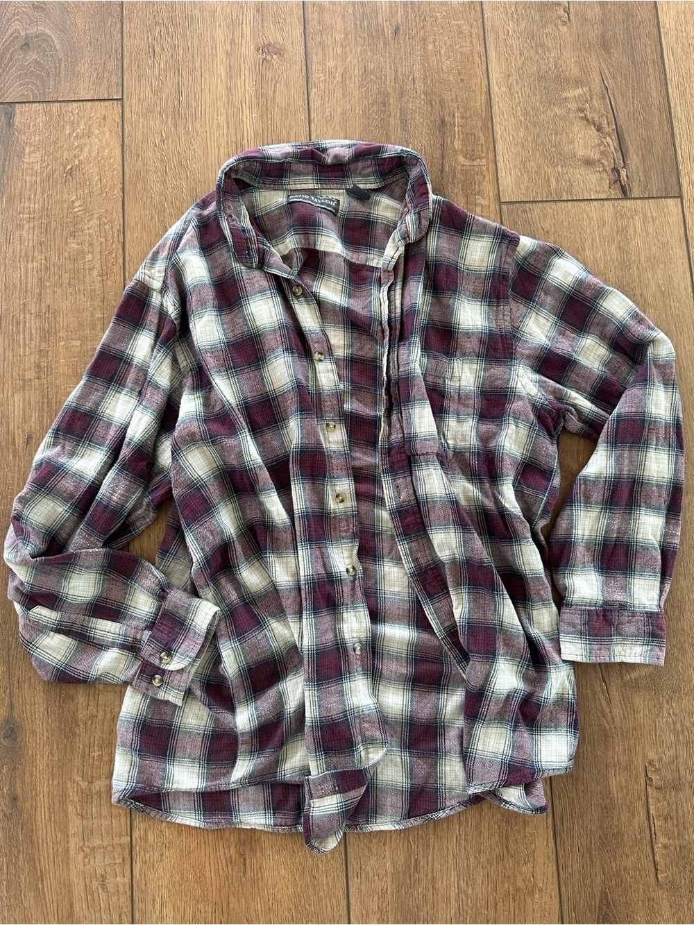 David Taylor 100% Cotton Burgundy and Cream Plaid Button-Down Shirt